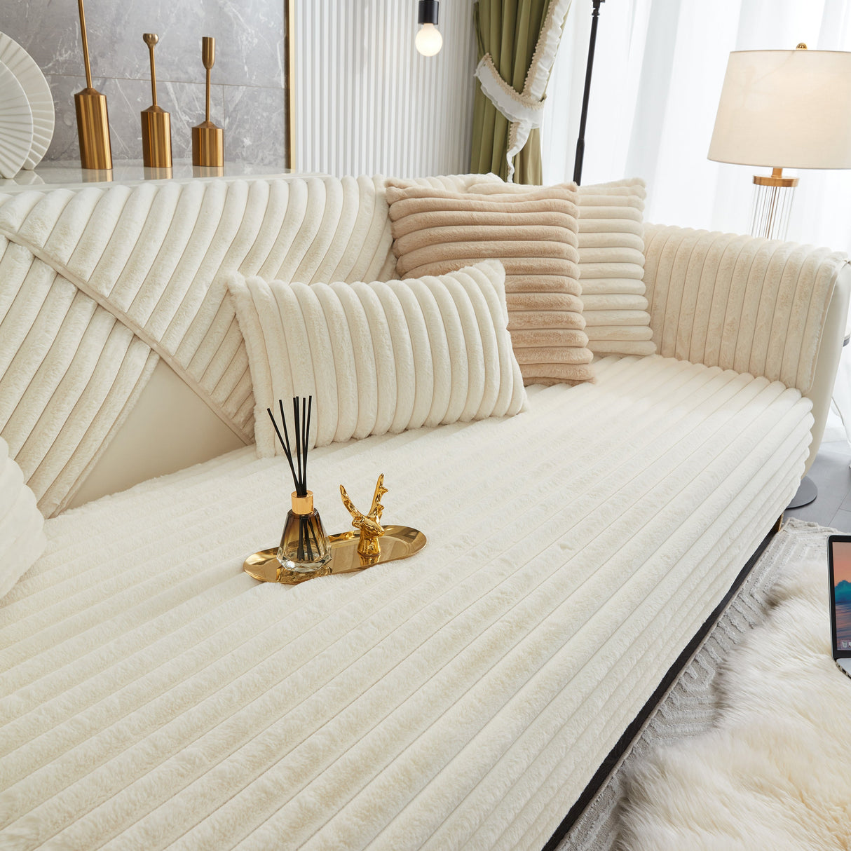 Winter Thickened Rabbit Plush Non-slip Sofa Cushion, Faux Fur Fluffy Furniture Protector