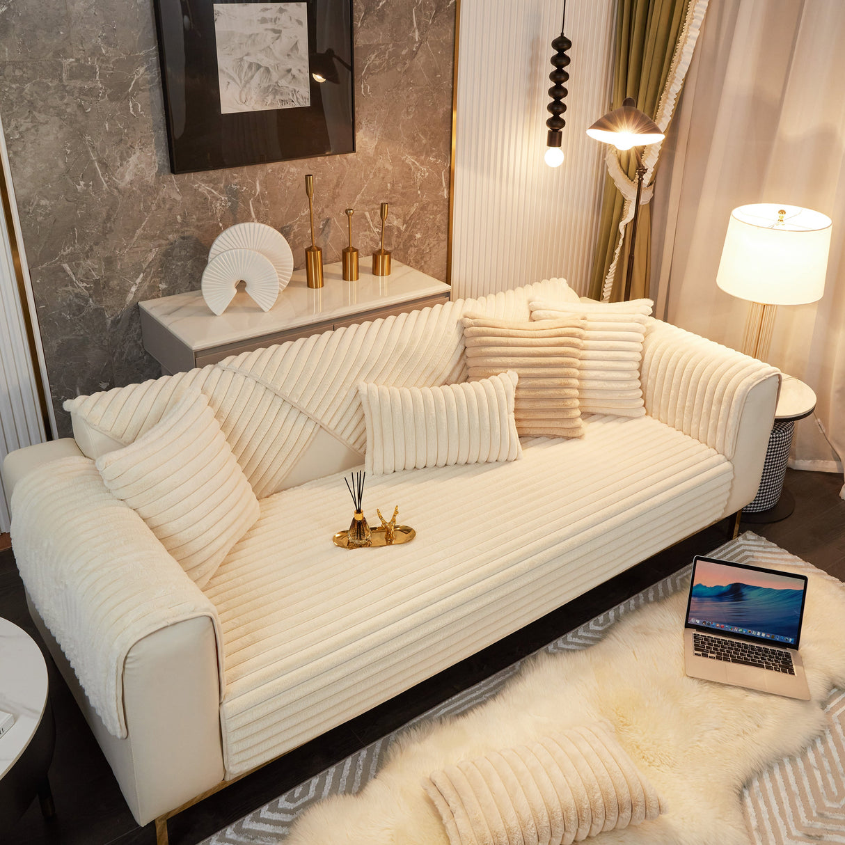 Winter Thickened Rabbit Plush Non-slip Sofa Cushion, Faux Fur Fluffy Furniture Protector