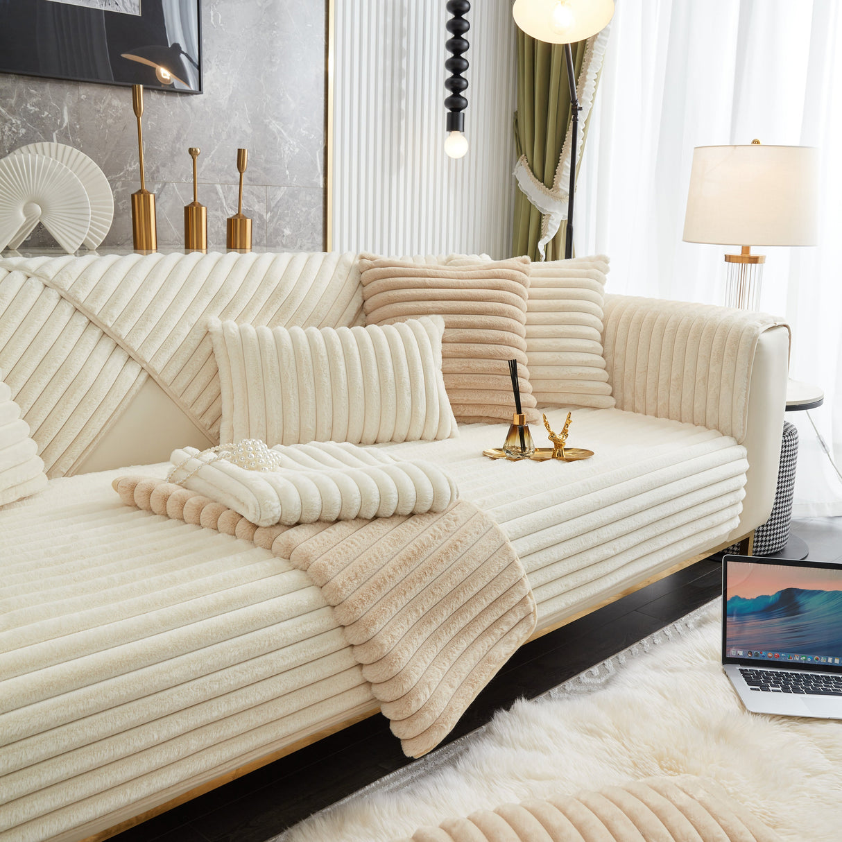 Winter Thickened Rabbit Plush Non-slip Sofa Cushion, Faux Fur Fluffy Furniture Protector