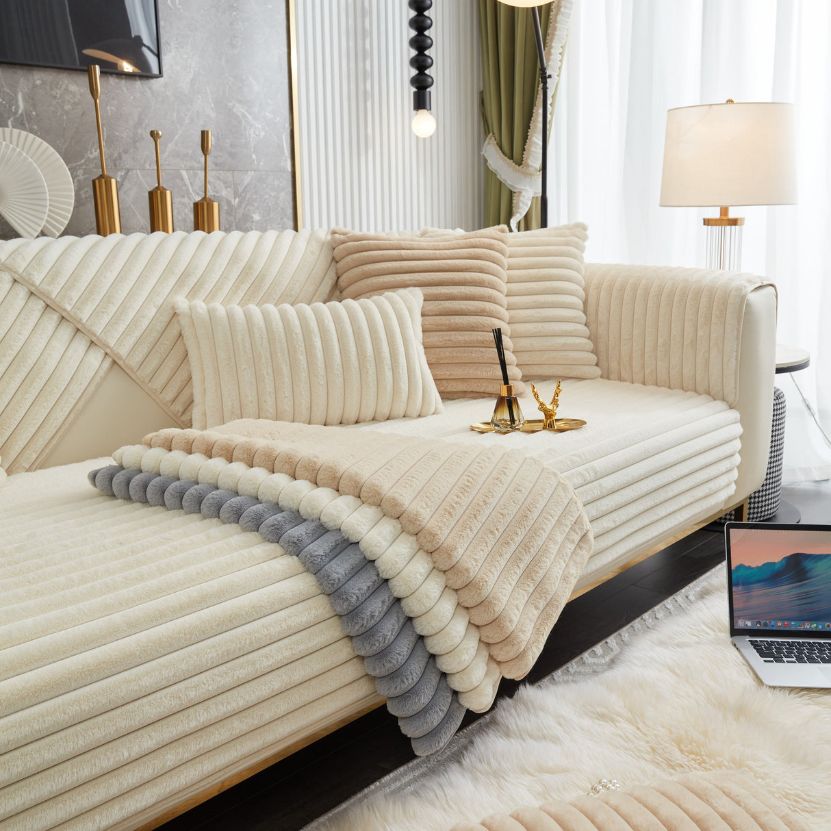 Winter Thickened Rabbit Plush Non-slip Sofa Cushion, Faux Fur Fluffy Furniture Protector