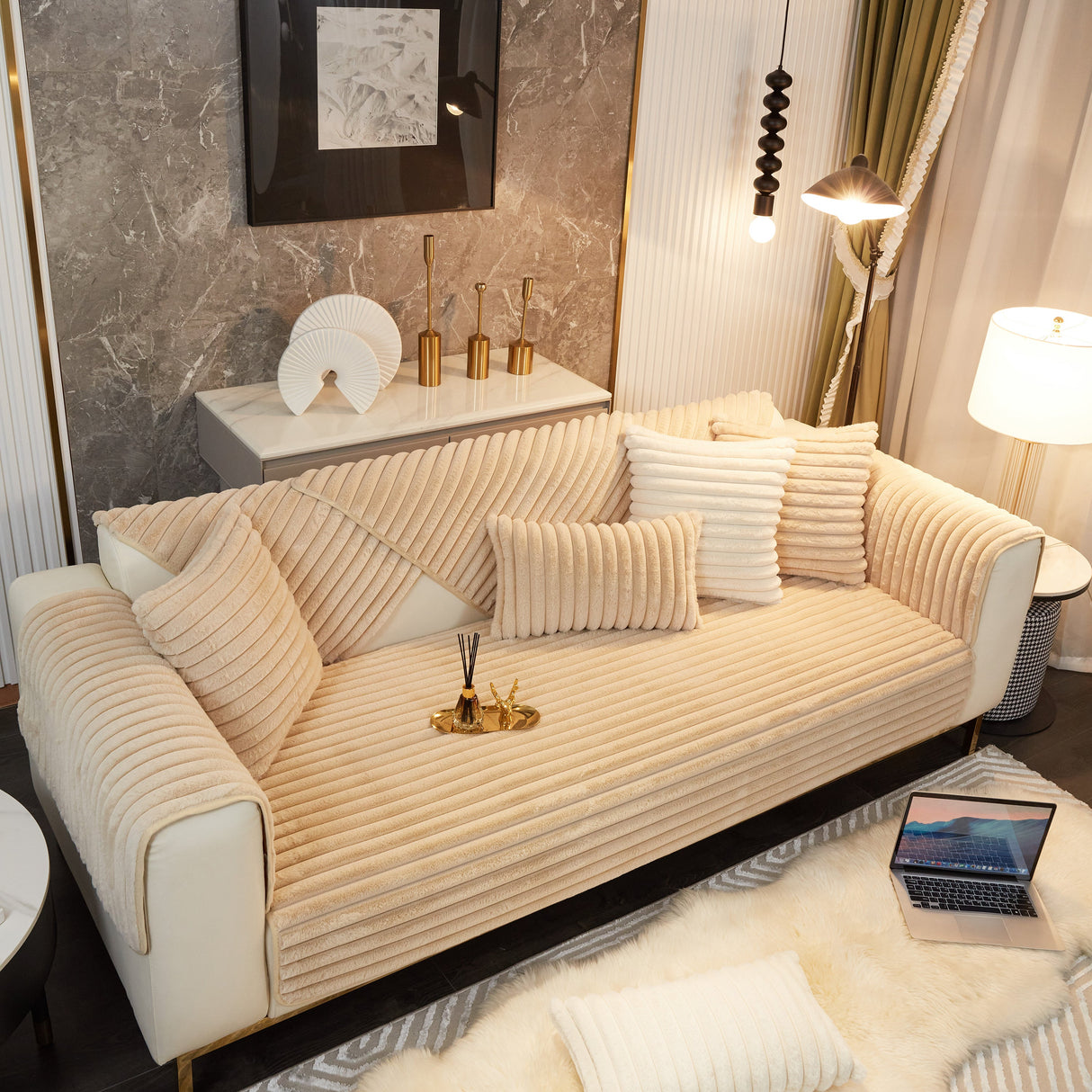 Winter Thickened Rabbit Plush Non-slip Sofa Cushion, Faux Fur Fluffy Furniture Protector