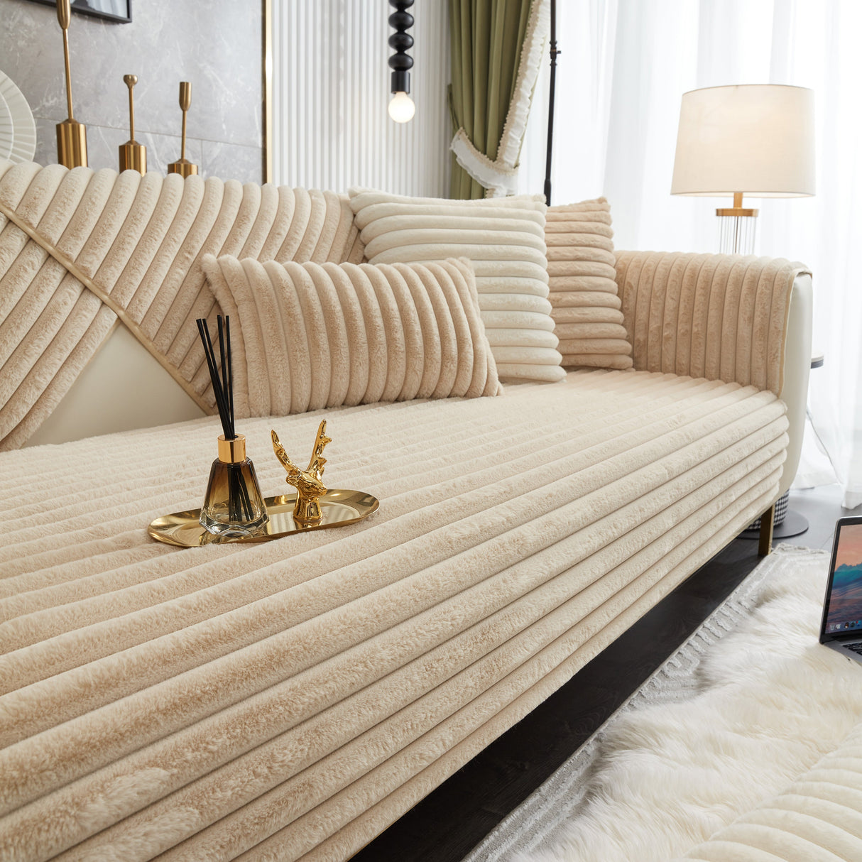 Winter Thickened Rabbit Plush Non-slip Sofa Cushion, Faux Fur Fluffy Furniture Protector