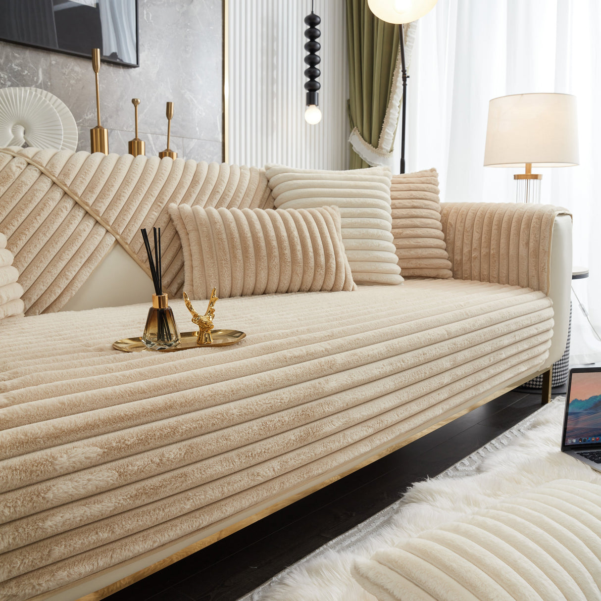 Winter Thickened Rabbit Plush Non-slip Sofa Cushion, Faux Fur Fluffy Furniture Protector