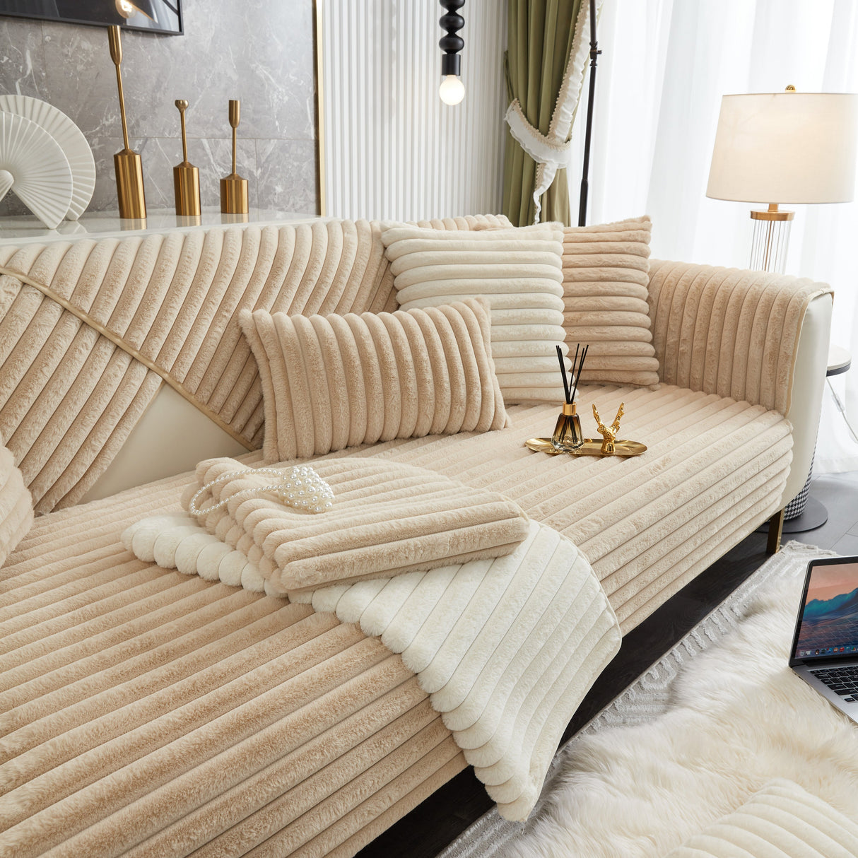 Winter Thickened Rabbit Plush Non-slip Sofa Cushion, Faux Fur Fluffy Furniture Protector