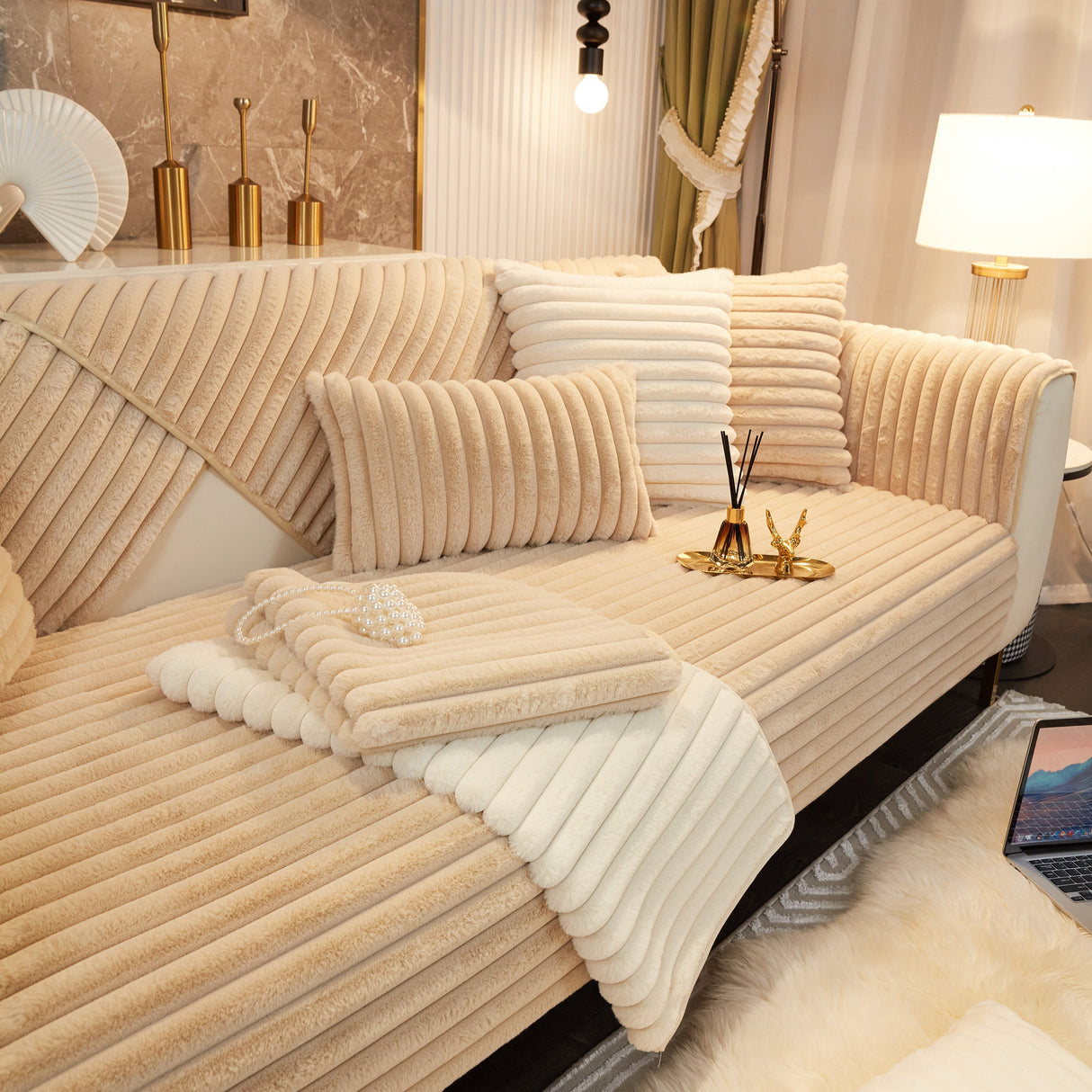 Winter Thickened Rabbit Plush Non-slip Sofa Cushion, Faux Fur Fluffy Furniture Protector