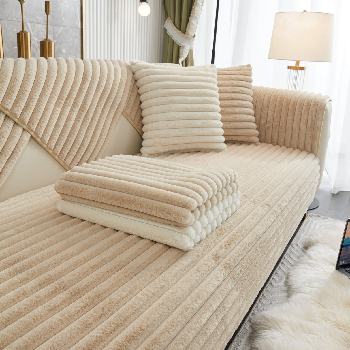 Winter Thickened Rabbit Plush Non-slip Sofa Cushion, Faux Fur Fluffy Furniture Protector