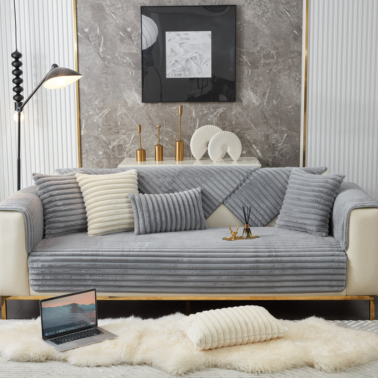 Winter Thickened Rabbit Plush Non-slip Sofa Cushion, Faux Fur Fluffy Furniture Protector