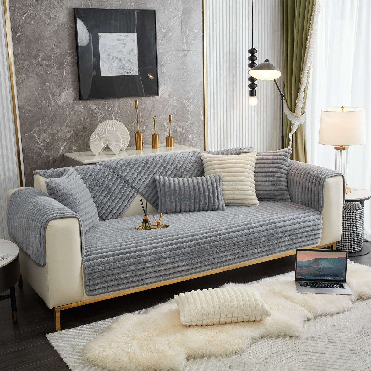 Winter Thickened Rabbit Plush Non-slip Sofa Cushion, Faux Fur Fluffy Furniture Protector