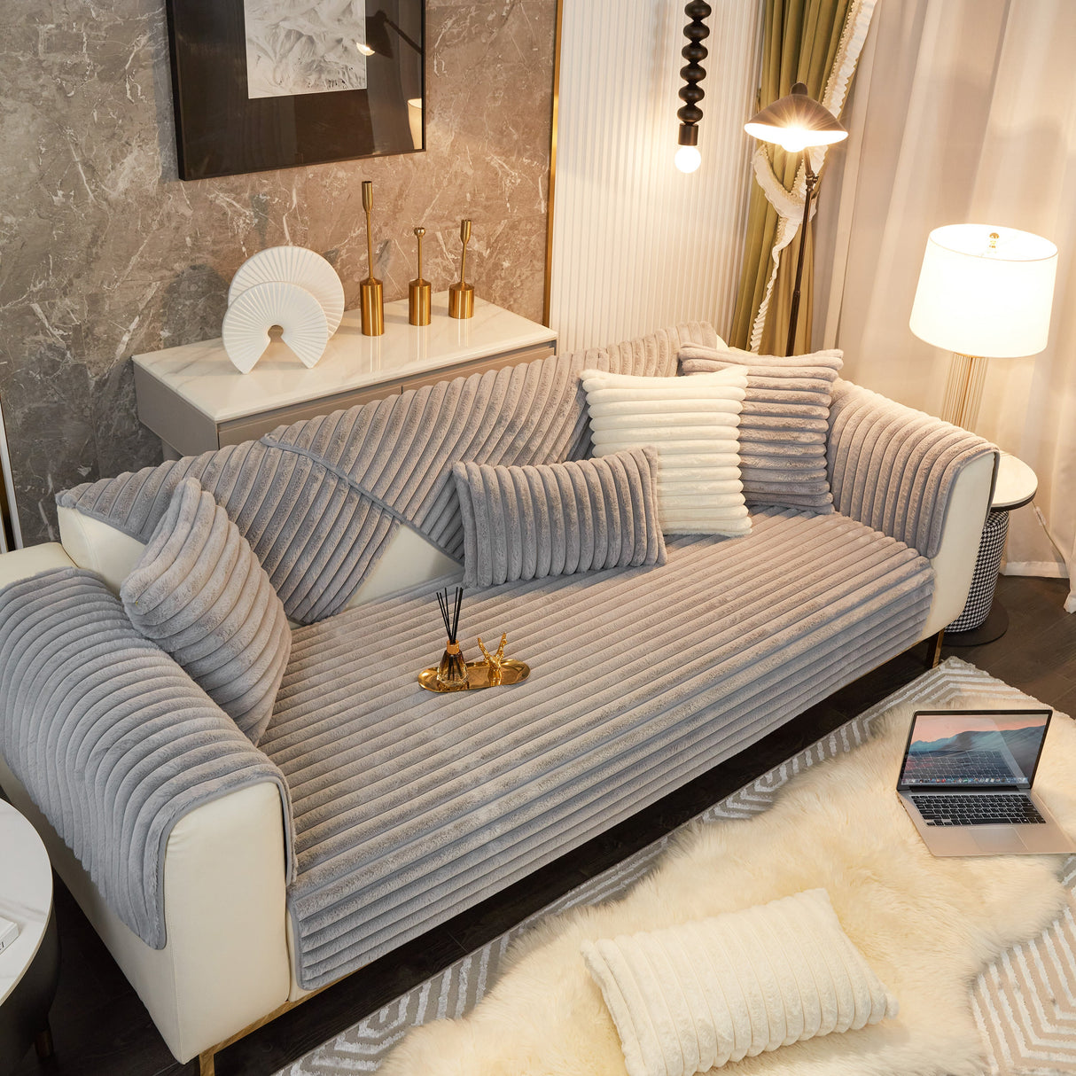 Winter Thickened Rabbit Plush Non-slip Sofa Cushion, Faux Fur Fluffy Furniture Protector