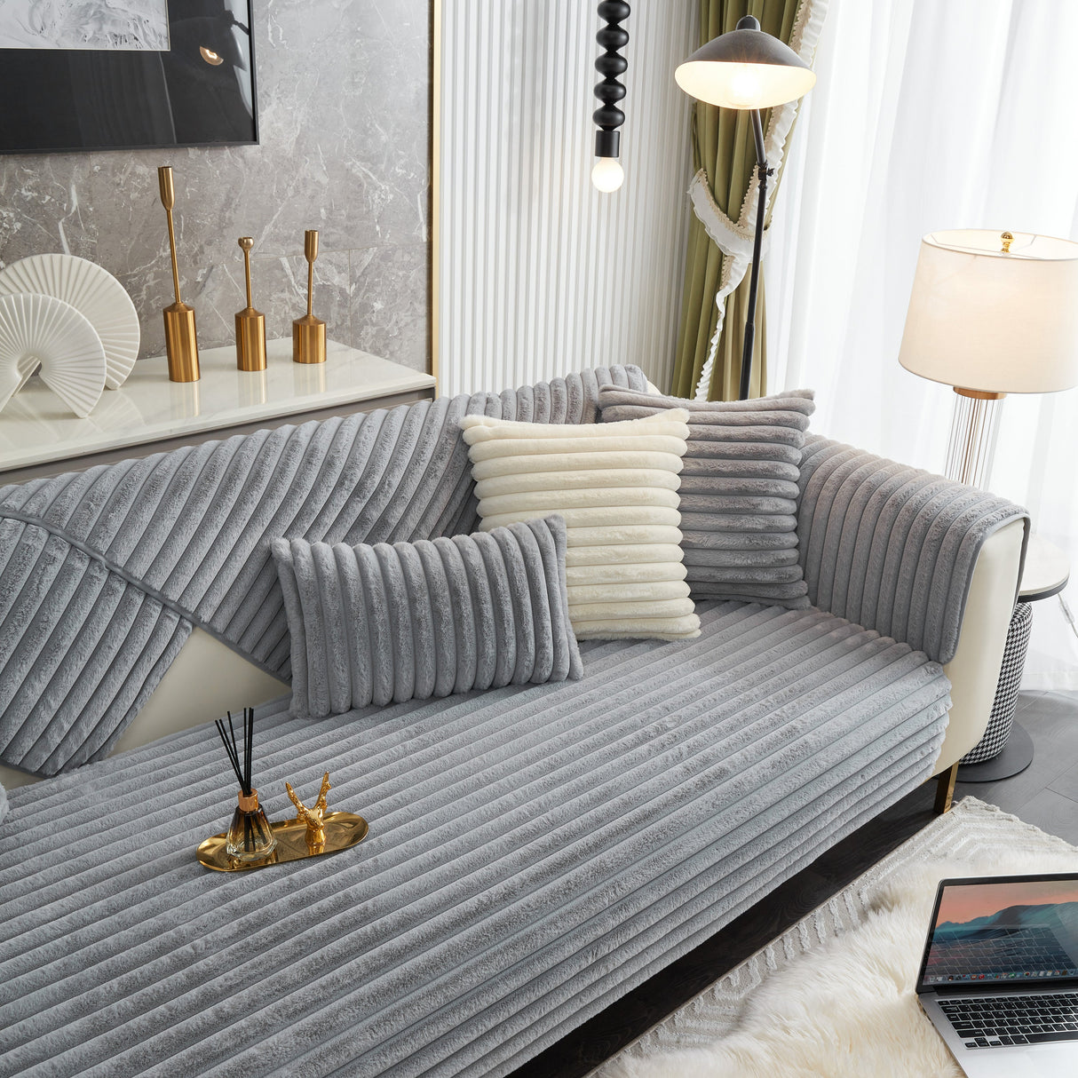 Winter Thickened Rabbit Plush Non-slip Sofa Cushion, Faux Fur Fluffy Furniture Protector