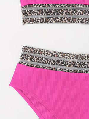 Bikini Leopard Print High Waist Bandeau 2 Piece Swimsuit for Women – Super Stretchy Bikini Set with Seductive Mesh Detail and Flattering Fit – Chic Animal Print Swimwear for Beachwear Poolside and Summer Vacations