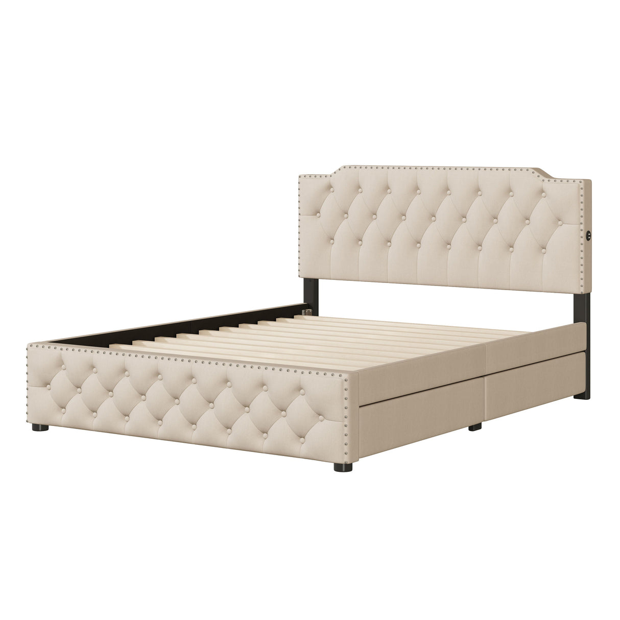 Upholstered Platform Bed With 2 Drawers And 2 Sets Of USB Ports On Each Side, Linen Fabric by Couch.com