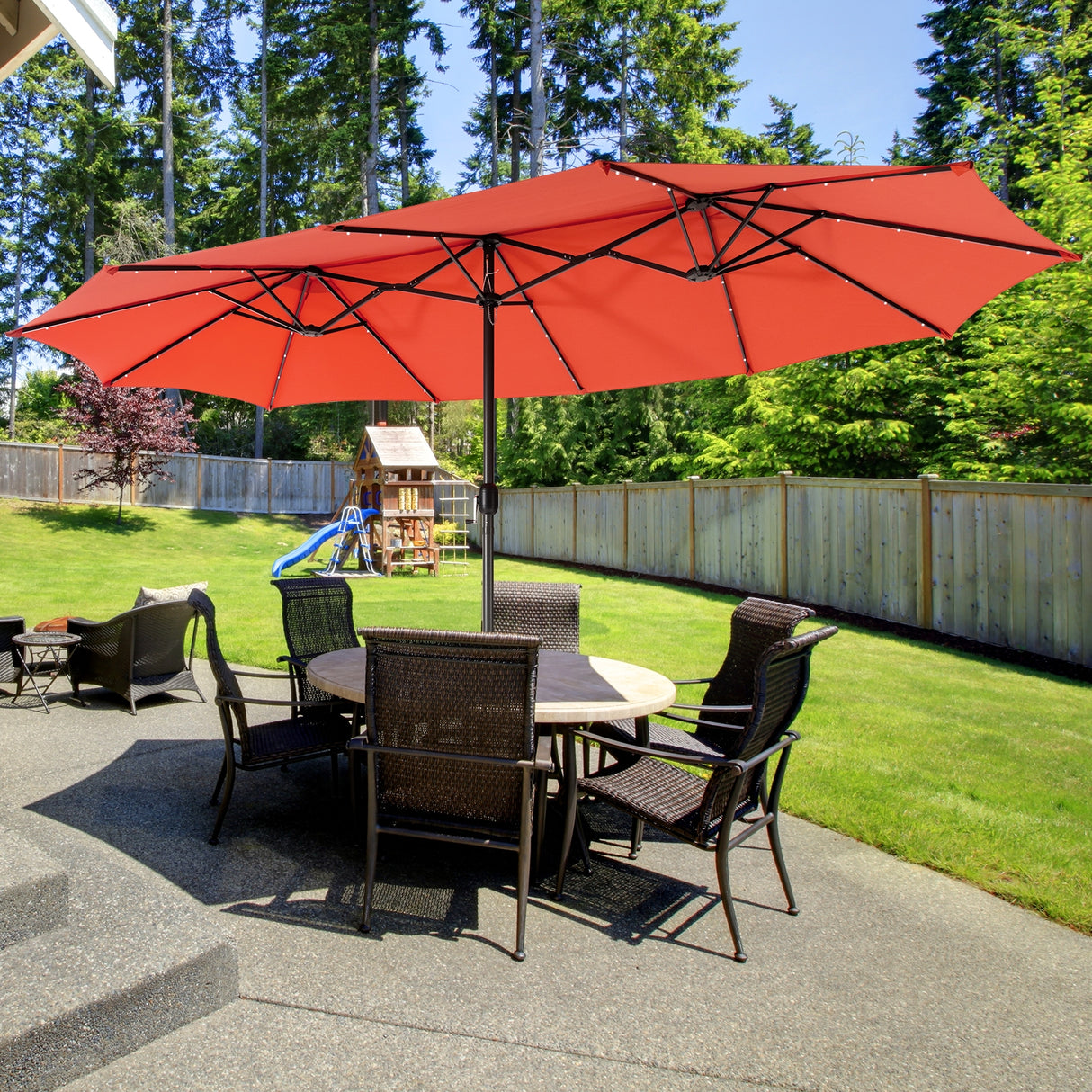 15 Feet Twin Patio Umbrella with 48 Solar LED Lights-Beige