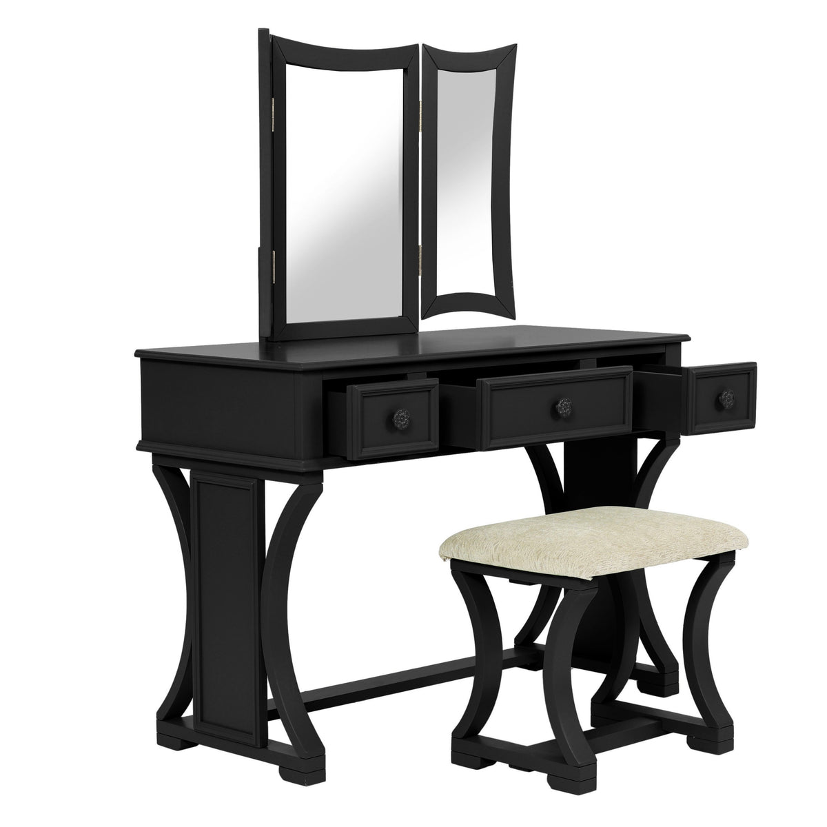 1pc Modern Bedroom Vanity Set with Foldable Mirror and Stool in Black MDF Veneer