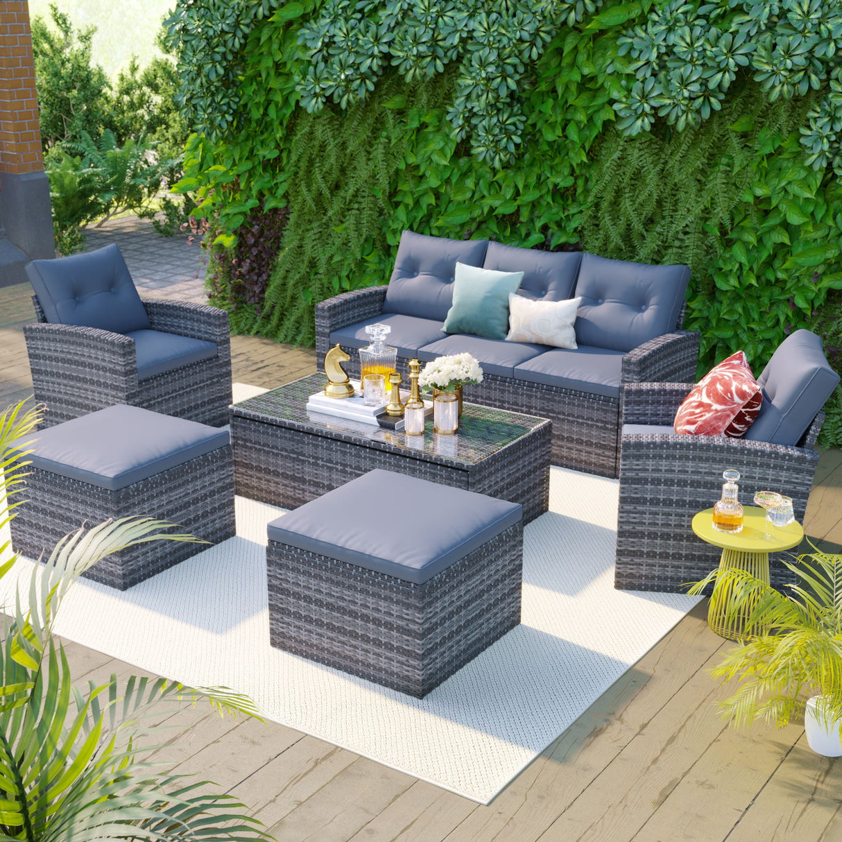 All-Weather Wicker PE Rattan Patio Outdoor Dining Conversation Sectional Set With Coffee Table, Wicker Sofas, Ottomans, Removable Cushions by Couch.com