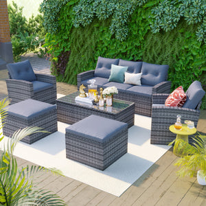 All-Weather Wicker PE Rattan Patio Outdoor Dining Conversation Sectional Set With Coffee Table, Wicker Sofas, Ottomans, Removable Cushions by Couch.com