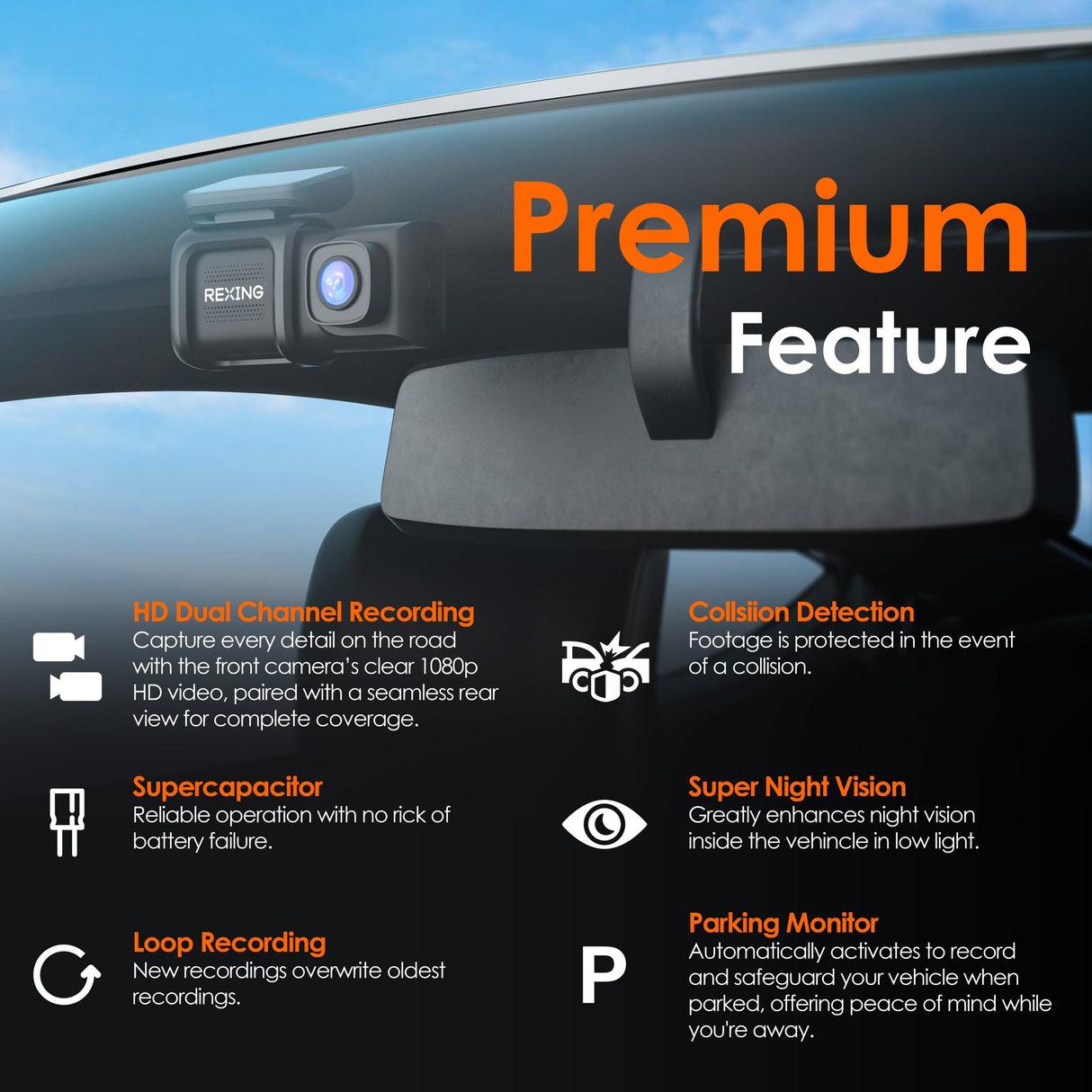 Rexing DT2 Dual Channel 1080p Front and Rear Dash Cam (Open Box)