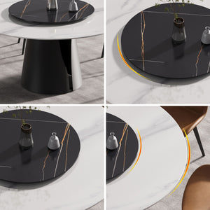 Modern Artificial Stone Round Carbon Steel Base Dining Table, Can Accommodate 6 People, Black Artificial Stone Turntable by Couch.com
