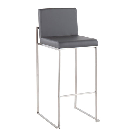 The Fuji - Contemporary And Modern Elegance High Back Barstool features a gray cushioned seat and backrest with a sleek metal rectangular base and integrated footrest, perfect for adding modern style to any bar area.