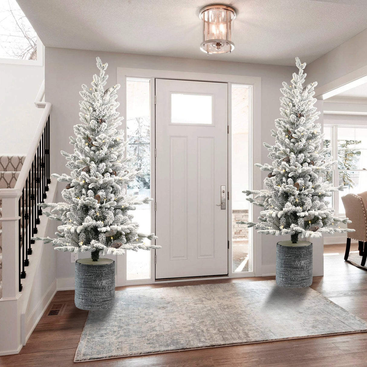 4.5FT Flocked Christmas Tree with Pot Base and LED Lights