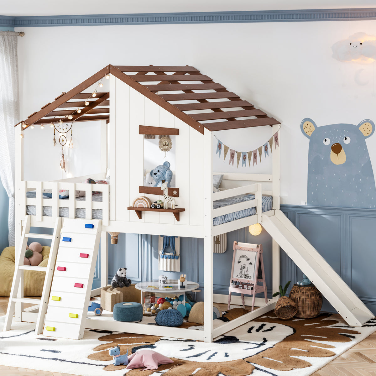 Full Size Playhouse Loft Bed with Movable Slide, Rock Climbing and Ladder, Wood Loft Bed Frame with Roof and Window, Various Placement Methods, Converted into Bunk Bed, Beige+Natural