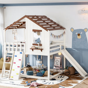 Full Size Playhouse Loft Bed with Movable Slide, Rock Climbing and Ladder, Wood Loft Bed Frame with Roof and Window, Various Placement Methods, Converted into Bunk Bed, Beige+Natural