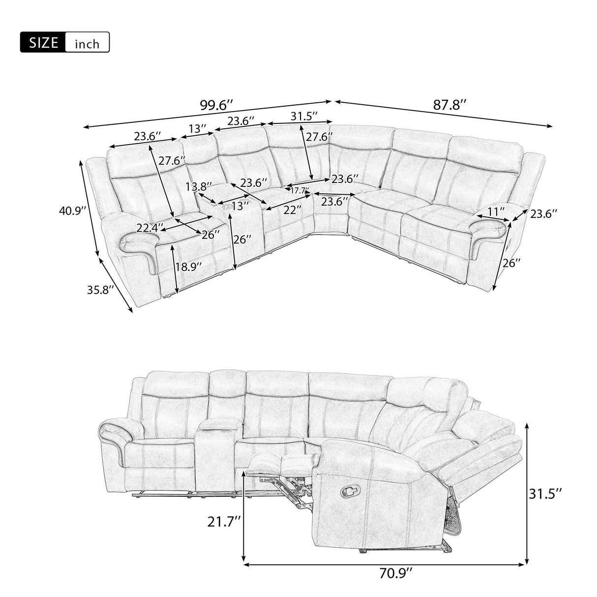 Home Theater Seating Manual Recliner With Cup Holder, Hide - Away Storage, 2 USB Ports And 2 Power Sockets For Living Room, Home Theater by Couch.com
