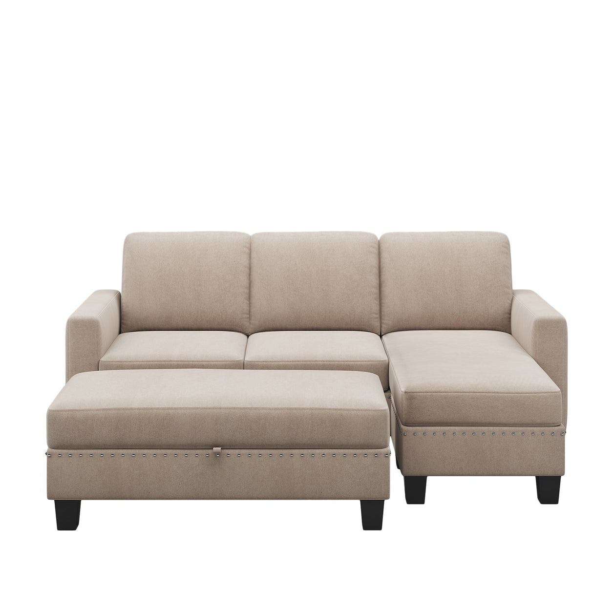 Reversible Sectional Couch With Storage Ottoman L-Shaped Sofa, Sectional Sofa With Chaise, Nailheaded Textured Fabric 3 Pieces Sofa Set - Warm Gray by Couch.com