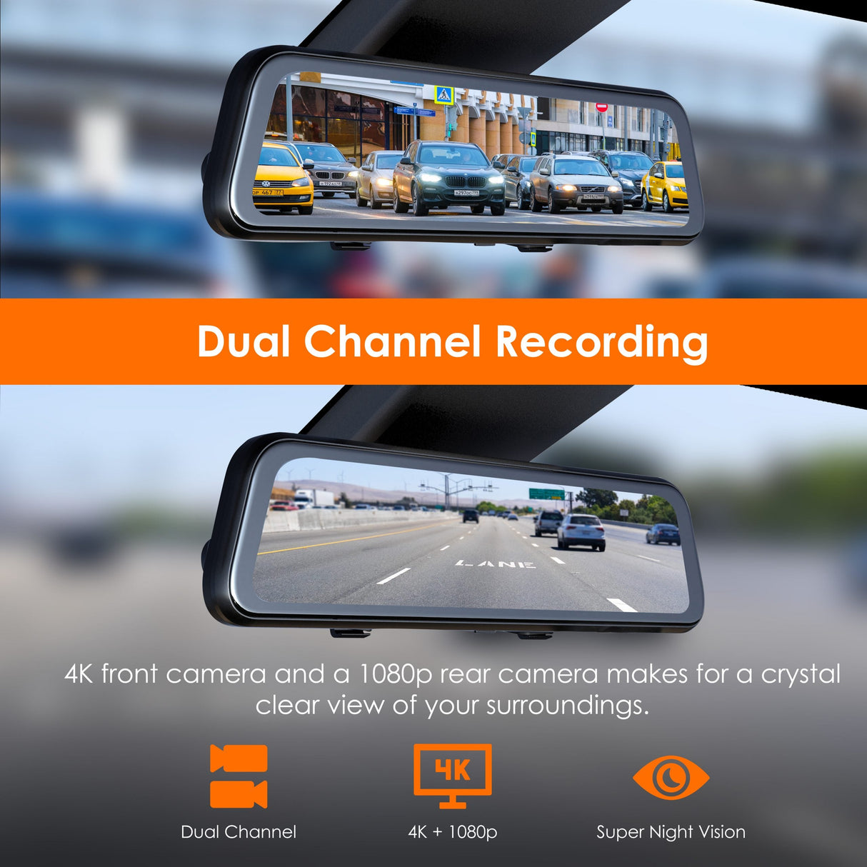 RexingUSA M2 MAX – 2-Channel Mirror Dash Cam w/ 12” IPS Touch Screen, 4K + 1080p, Wi-Fi, GPS, ADAS,Loop Recording, Backup Camera, Parking Mode, Collision Detection