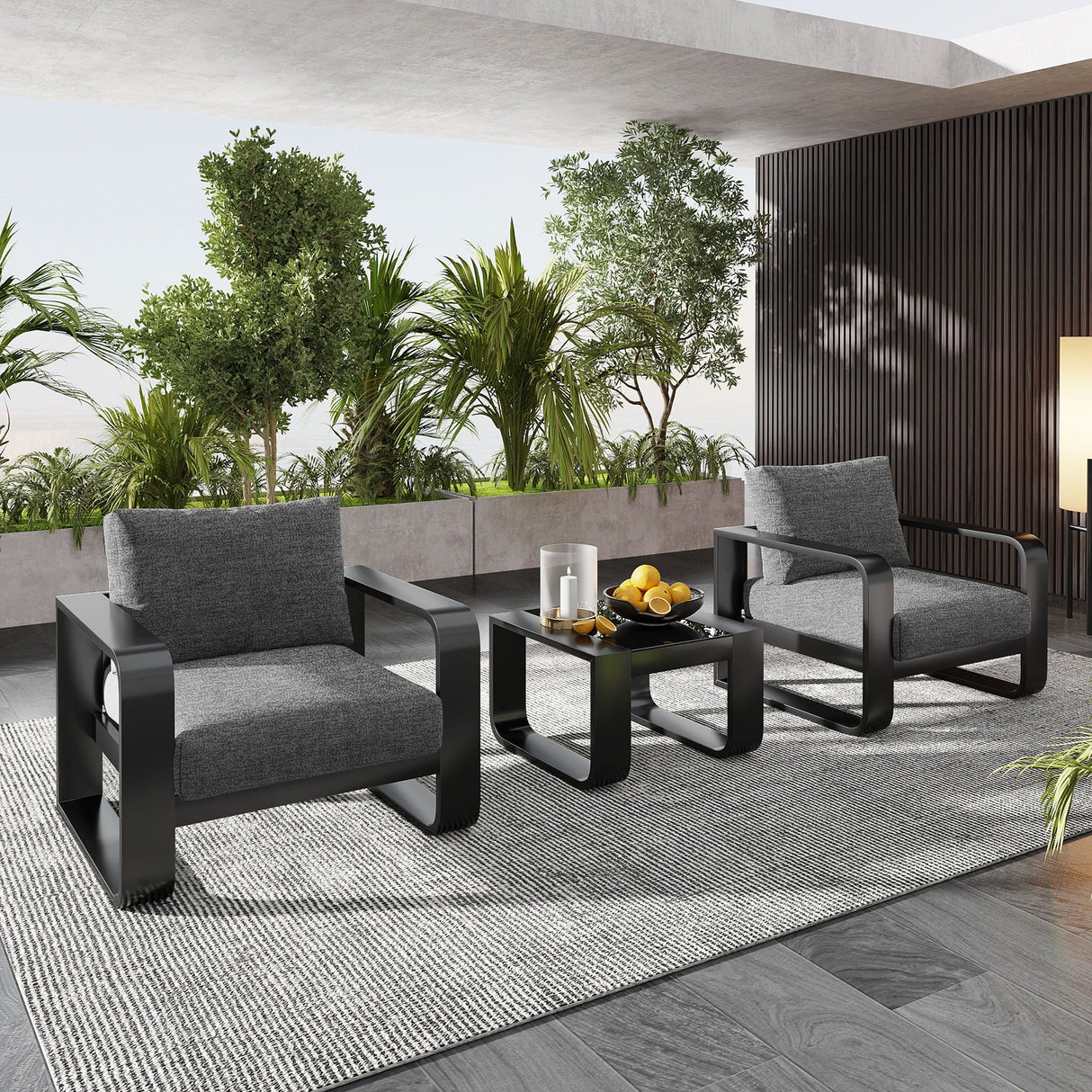 3 Piece Aluminum Frame Patio Furniture With 6.7" Thick Cushion And Coffee Table, All Weather Use Olefin Fabric Outdoor Chair - Gray / Black by Couch.com