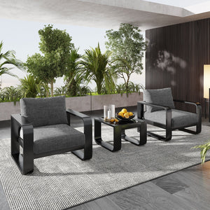 3 Piece Aluminum Frame Patio Furniture With 6.7" Thick Cushion And Coffee Table, All Weather Use Olefin Fabric Outdoor Chair - Gray / Black by Couch.com