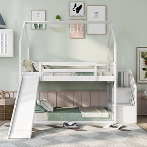 Twin Over Twin House Bunk Bed With Convertible Slide, Storage Staircase by Couch.com