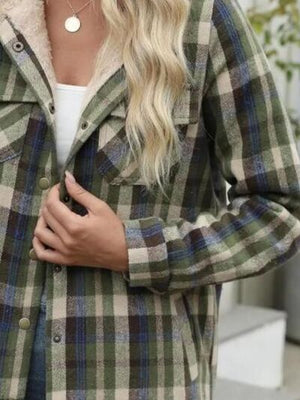 Plaid Snap Down Plush Hooded Jacket Soft & Warm Women Outerwear Cozy And Comfortable Jacket