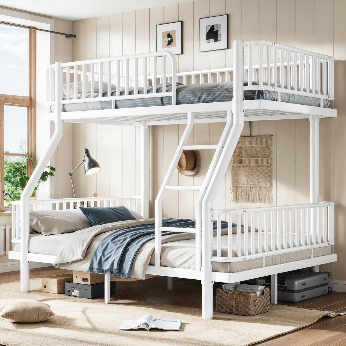 Twin over Full Bunk Bed featuring Ladders & Guardrails, Metal Bunk Bed Frame with Upgraded Safety Round-Pipe Design, White
