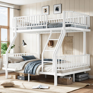 Twin over Full Bunk Bed featuring Ladders & Guardrails, Metal Bunk Bed Frame with Upgraded Safety Round-Pipe Design, White
