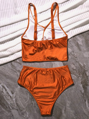 Bikini Solid Black Twist Front High Waist 2 Piece Swimsuit for Women – Stretchy V Neck Bikini Set with Ruched Tummy Control and Cross Strape Detail – Quick Drying Polyamide Swimwear for Beachwear Poolside and Summer Travel