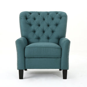 The Modern Push Back Recliner is a teal upholstered armchair with a button-tufted backrest and silver nailhead trim, featuring sleek armrests and black wooden legs, set against a white background.