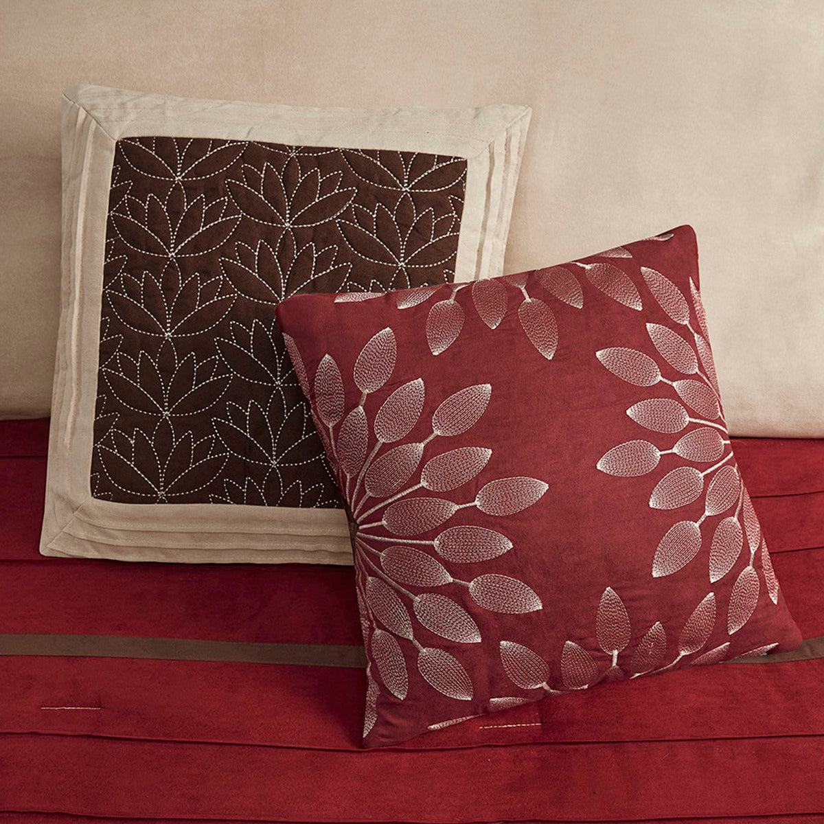 7 PC Pieced Faux Suede Comforter Set Red Cal King
