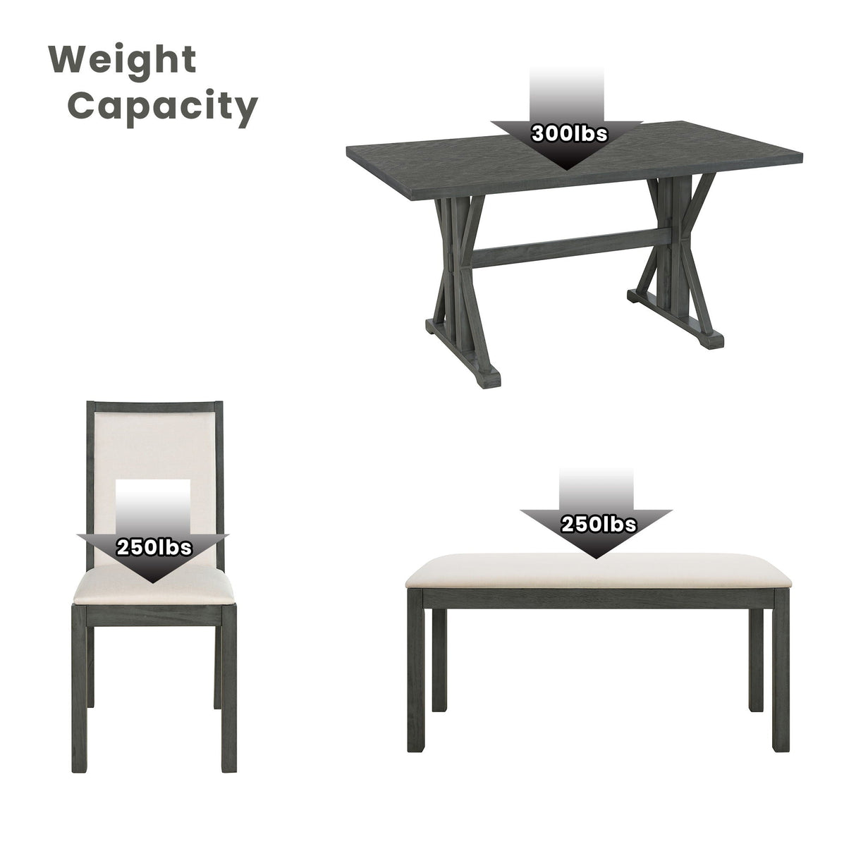 Topmax - 6 Piece Farmhouse Classical Dining Table Set With Trestle Legs, Kitchen Table Set For 6 With 4 Upholstered Dining Chairs And Bench by Couch.com