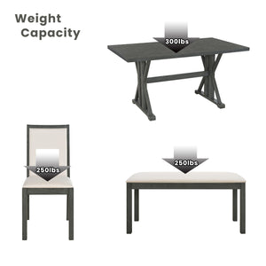 Topmax - 6 Piece Farmhouse Classical Dining Table Set With Trestle Legs, Kitchen Table Set For 6 With 4 Upholstered Dining Chairs And Bench by Couch.com