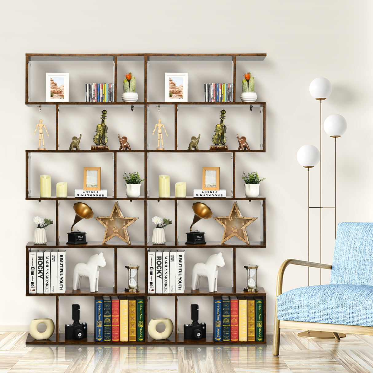 6 Tier S-Shaped Bookshelf Storage Display Bookcase Decor Z-Shelf -Black