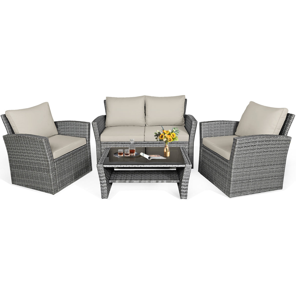 4 Pieces Patio Rattan Furniture Set Sofa Table with Storage Shelf Cushion-Gray