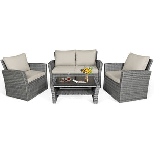 4 Pieces Patio Rattan Furniture Set Sofa Table with Storage Shelf Cushion-Gray