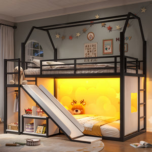 Twin size House Loft Bed with Slide, LED Play Area, Hanging Clothes Rack & Storage Bag, Playhouse High Loft Bed Frame with guardrails, No Box Spring Needed for Kids Bedroom, Black