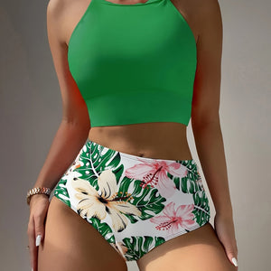 Island Bloom High Waist Bikini Set for Summer – Colorblock Tropical Print Two-Piece Swimsuit with Round Neckline Ultra-Stretch Fit & Applique Detail – Stylish and Comfortable Women’s Swimwear for Pool Beach & Summer Escapes