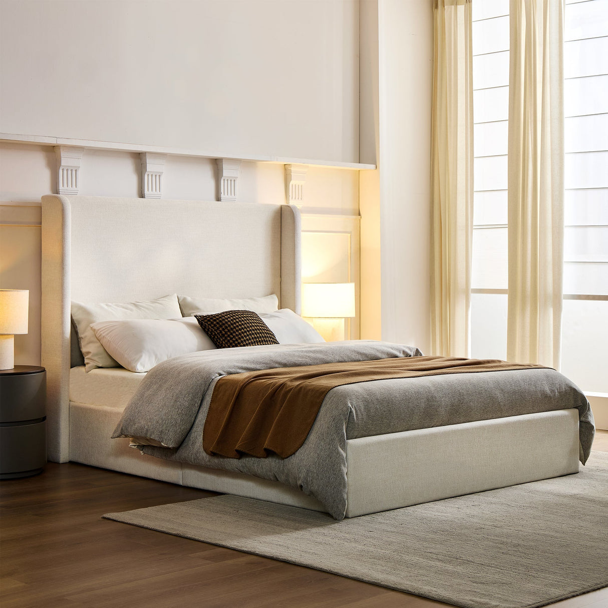 Caron Upholstered Wingback Bed with 52.3' High Headboard in Ivory Canvas Chenille