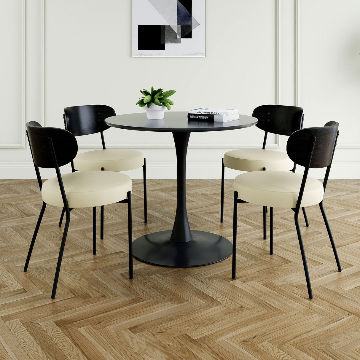 Modern Gray Simple PU Dining Chair Upholstered Chair Family Bedroom Stool Back Dressing, Black Round Table Set, Bentwood Covered With Ash Veneer Chair Back, Chair Metal Legs by Couch.com