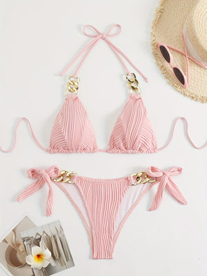 Bikini Ruched Texture Golden Chain 2 Piece Triangle Swimsuit for Women – Striped Halter Bikini Set with Bow Tie Side and Elegant Ring Link Detail – Stretchy Beachwear for Pool Bathing and Summer Vacations