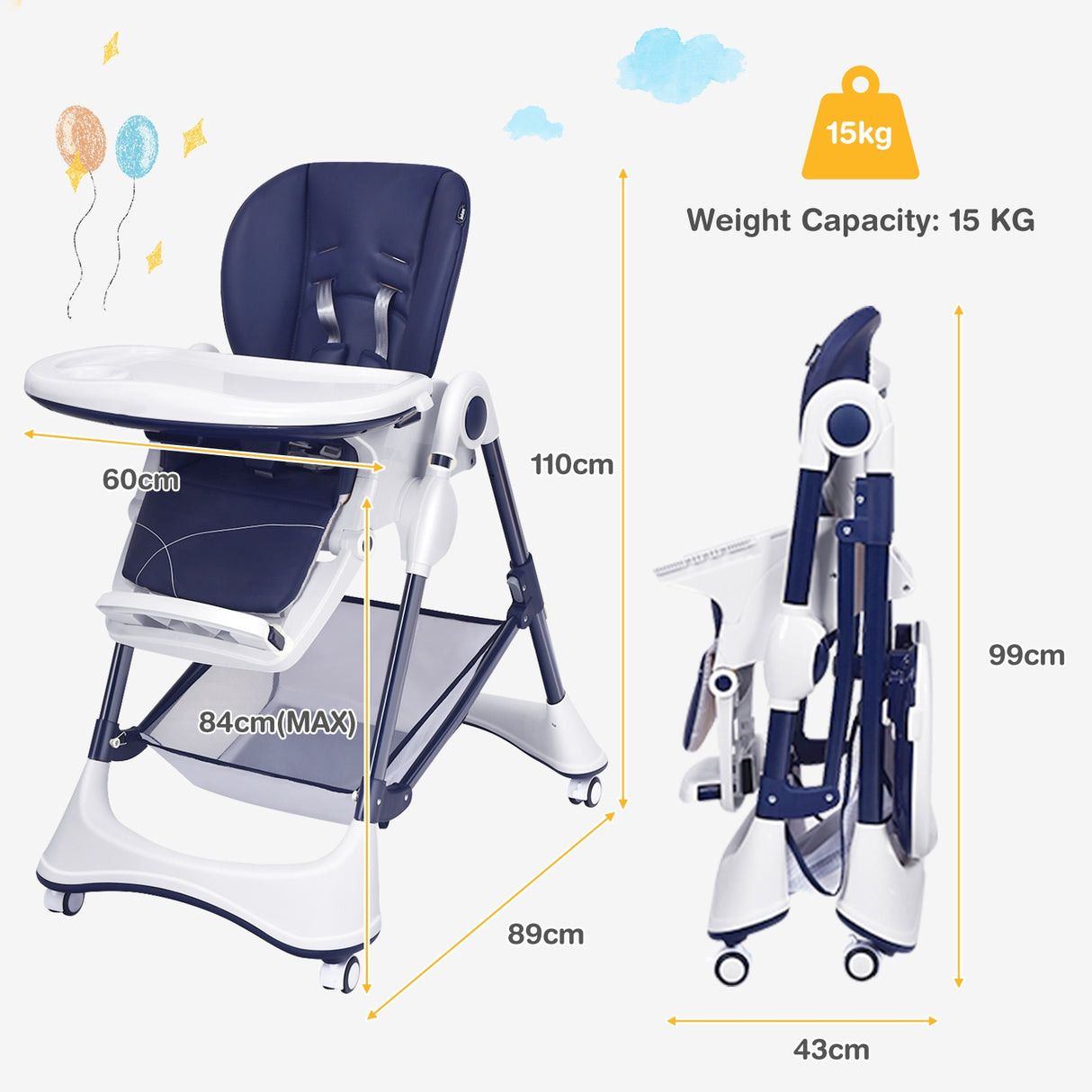 A-Shaped High Chair with 4 Lockable Wheels-Black