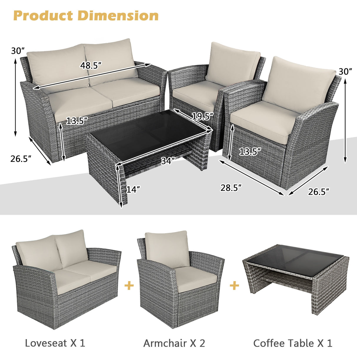 4 Pieces Patio Rattan Furniture Set Sofa Table with Storage Shelf Cushion-Gray
